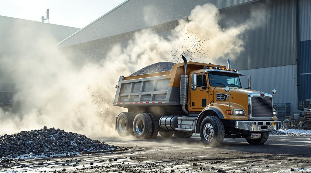 Gravel truck delivering bulk material at a Calgary industrial yard during winter, representing reliable delivery for contractors.